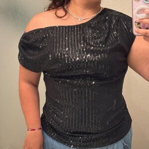 Grace Karin Black One Shoulder Asymmetrical Sequin Sleeveless Blouse Sz M